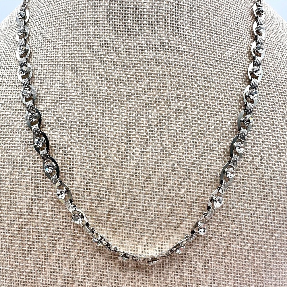 Vintage 90s Crown Modernist‎ Necklace Silver Tone Diamante Statement Jewelry Y2K